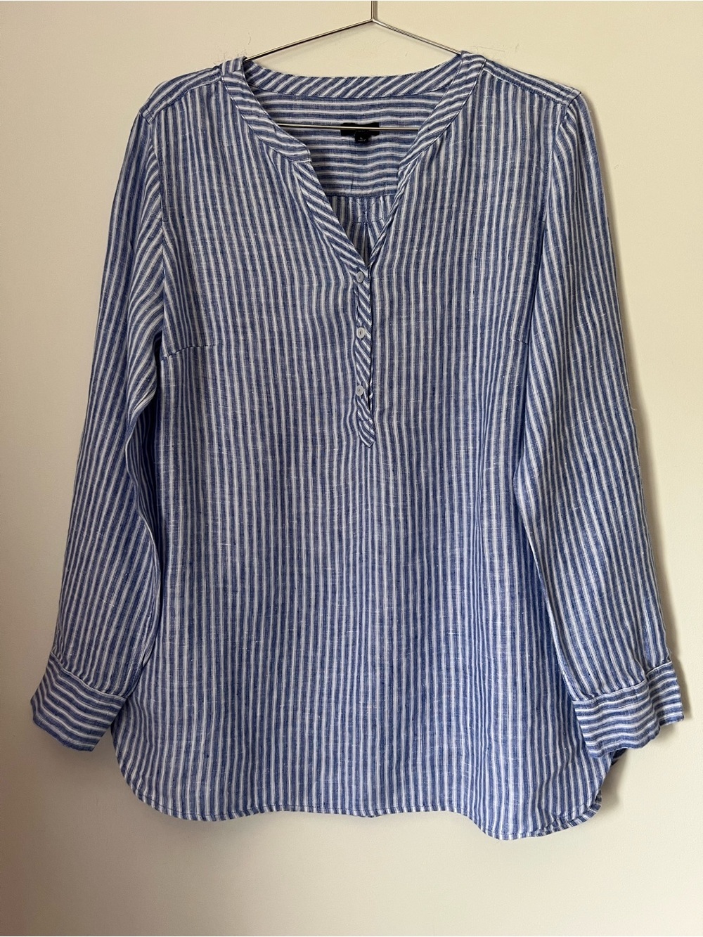 Talbots Blue and White Striped 1/2 Button Henley Tunic Shirt Summer Coastal